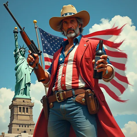 An American in a patriotic US outfit with a rifle in one hand and a bottle of wine in the other with the Statue of Liberty prominently displayed in the background and an American flag.
