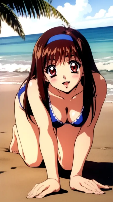 Yuuki Mizuho, One person, alone, Long Hair, hair band, Brown Hair, Knit-Bikini, Open your mouth, blush, Lips parted, liar, On a sandy beach with a view of the sea, On all fours,On all foursになって,To the audience,Cleavage, From below, retro artstyle, No pants...