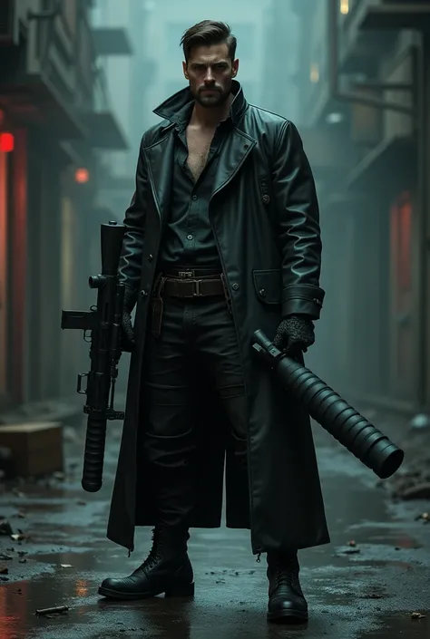 Modern antisocial vampire Hunter trying to look tougher than they are with a gun bigger than they should have masculine 