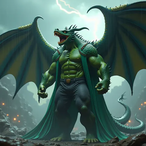 Image of a muscular Hulk with a Green Devil Dragon robe with a dragon-shaped head, dragon wings with a combination of black colors, blue, green. Mata blue menyala, roaring, add scary supporting elements and ornaments. realistic image, ultra realism, perpfe...