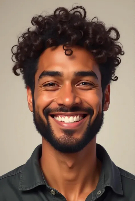 Medium hair man, curly dark brown hair, thick eyebrow, thin face, smiling, light brown skin and short beard
