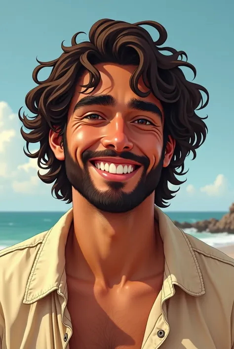 Medium hair man, well curly dark brown hair, thick eyebrow, thin face, smiling, Brazilian and low beard, surfer style 

