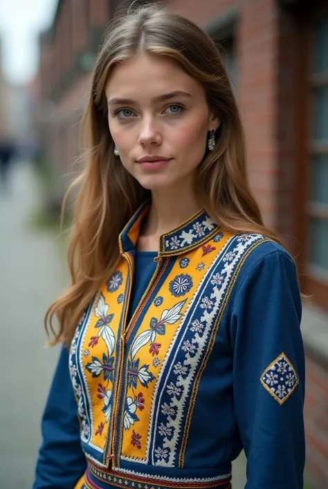 Create a Swedish top with Nordic details and blue and yellow accents.