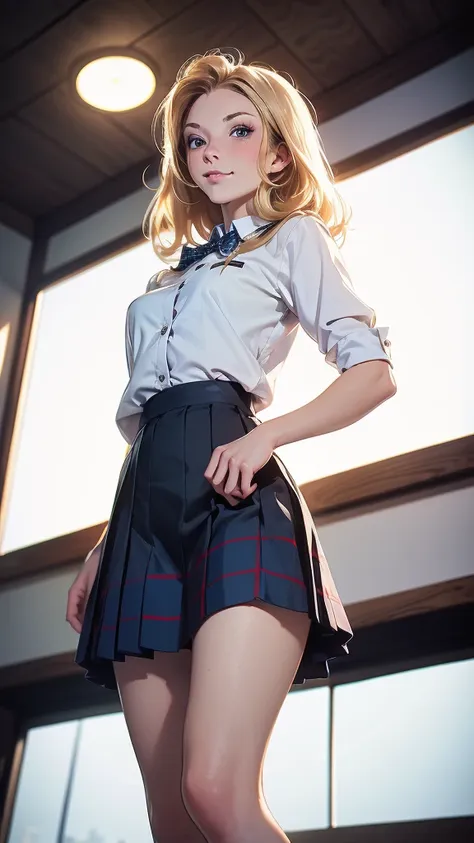 (masterpiece, best quality, chromatic lighting, professional quality, high detail), beautiful 18 year girl, blonde hair, blue eyes, seductive smile, wide hips, skinny waist, long legs, school girl uniform, navy plaid short skirt, white collar shirt, black ...