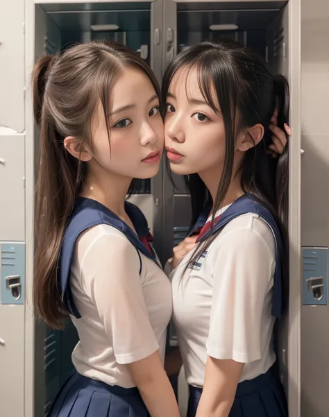 8k,masterpiece,Japanese,best quality, (schoolgirls:1.4), (kiss:1.3), (crowded locker:1.5), (reluctantly:1,7), (blush:1.3), (breasts:1.1)