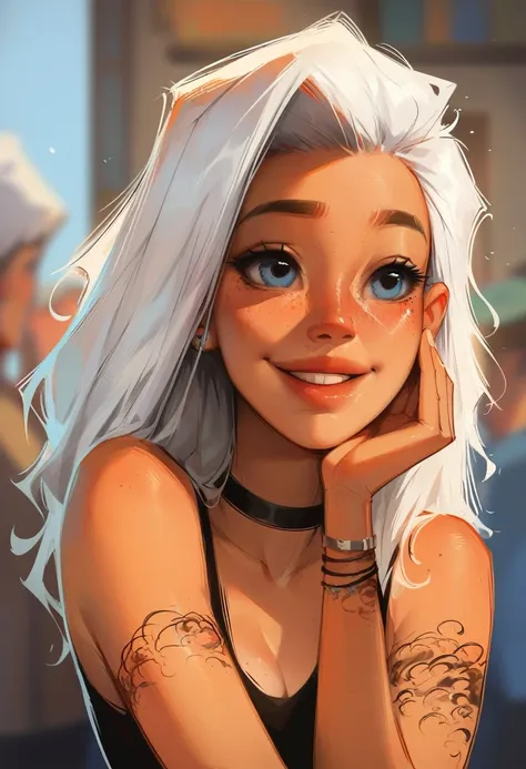 score_9,score_8_up,core_7_up, tattoo, 1girl, choker, blue eyes, long hair, freckles, jewelry, solo focus, white hair, arm tattoo...