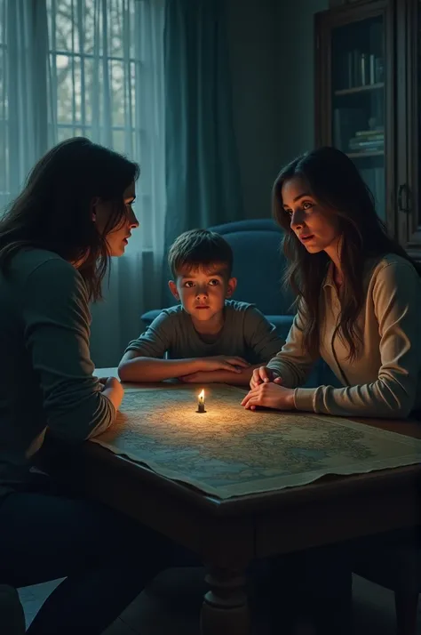 two women and a boy talking in a living room at night, excited spirits, a tense atmosphere. One of the women doesnt seem to believe it, a map on the coffee table.
