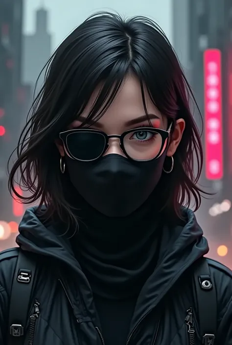 A brunette wearing glasses with an eyepatch over her left eye, dressed in black and wearing a mask. 