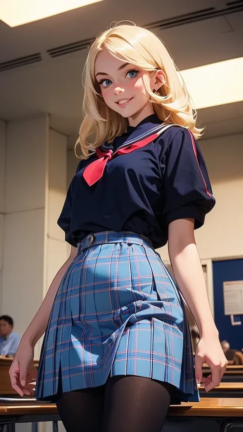 (masterpiece, best quality, chromatic lighting, professional quality, high detail), beautiful 18 year girl, blonde hair, blue eyes, seductive smile, wide hips, skinny waist, school girl uniform, navy plaid short skirt, pantyhose