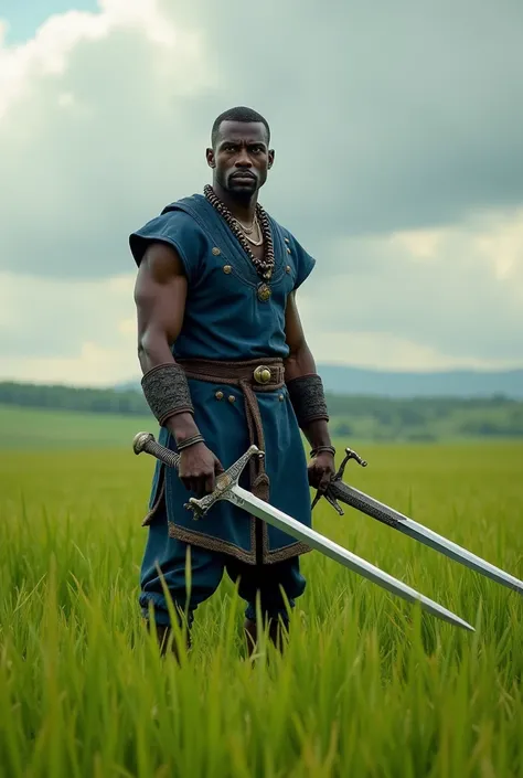 Orisha Black Man, warrior, shorth hair, dark blue clothing, with a medieval sword raised, in a green field.
