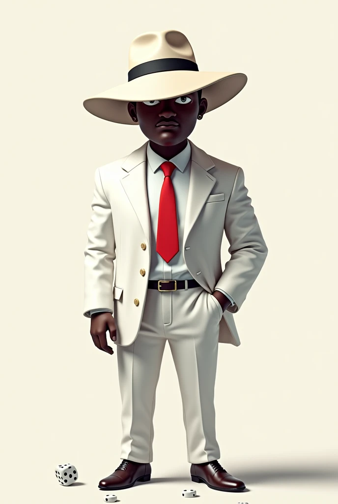 zé pilintra, black male, stark, smiling, charismatic, rolling dice. black male, with an air of mystery, dressed elegantly in a white suit, white pants, white shirt, red tie and white Panama hat.
Man with a Panama hat, medium sized, with a hat partially cov...