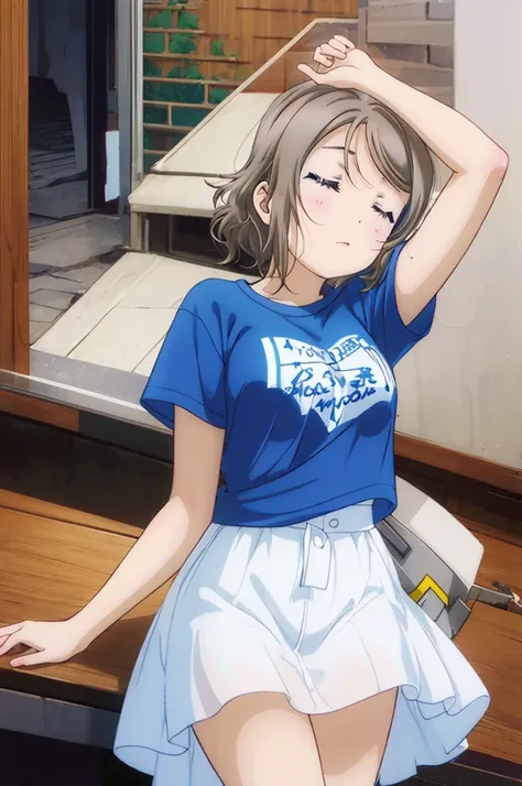 （（Watanabe Yo））,Gray Hair,  ,Large Breasts、White T-shirt,Sea of night,Sleeping (masterpiece:1.2), Highest quality, High resolution, Highly detailed face, Highly detailed CG, (（Perfect hands, ）),