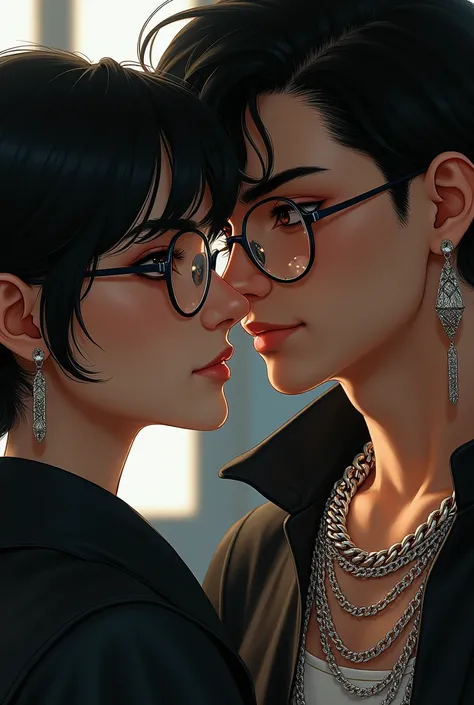 A WOMAN WITH GLASSES AND BLACK HAIR ADMIRING A GUY WHO WEARS EARRINGS AND CHAINS AROUND HIS NECK 