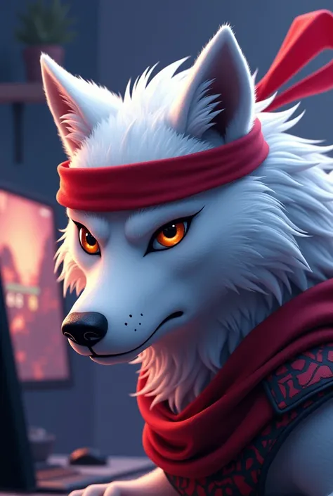 An animated white wolf with only its head and neck visible, wearing a red headband across its entire head like a ninja, with a gamer room in the background. 