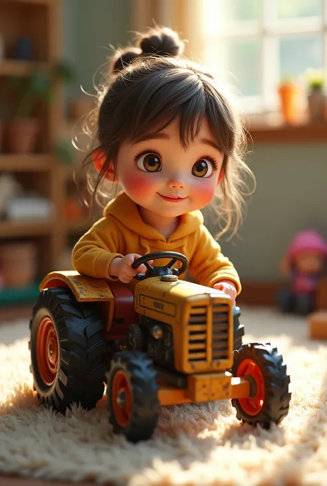 girl playing with a toy tractor