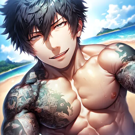 absurdres, highres, ultra detailed, HDR, master piece, best quality, extremely detailed, Kougami Shinya, black hair, expressive gray eyes, Psycho Pass, solo, sexy man, handsome, handsome smile, sensual, manly man, bare chest, horny, island, sea, beach