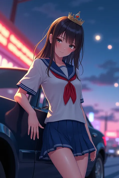 SFW, (Close-up from butt to face) extremely detailed (Schoolgirl leaning on a car) open legs, Perfect face, (PrincessTiara), (Delicate textures of clothing), Sailor uniform with red ribbon, (((white panties))), correct anatomy, perfect hand (4 fingers and ...