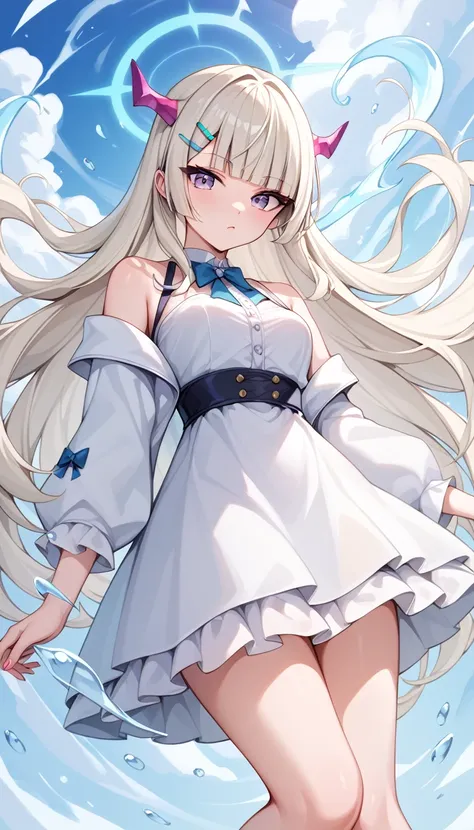 1 girl, adult woman,  Alone, g0ld3mb, air, (platinum blonde hair) hair, hime cut, (kawaii hair clips:1.2)    high quality, Best Quality, high resolution, High detail, (airen aura magic), hair uplifted, horns