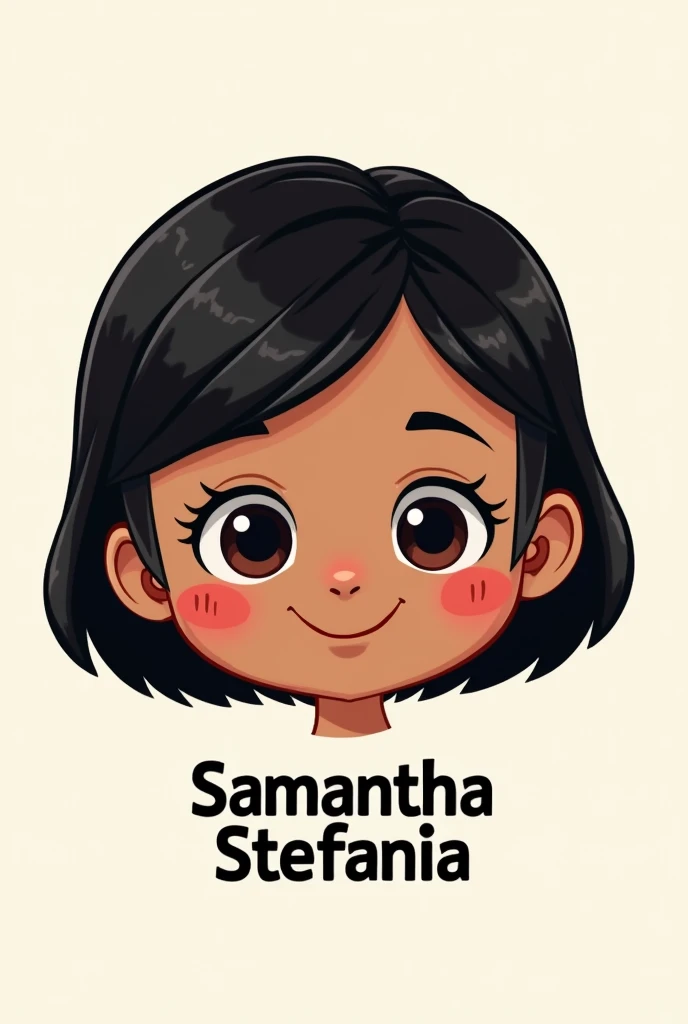 I need a girl with black shoulder-length hair, brown skin, and a logo that says Samantha Stefanía. It should be animated, chubby-cheeked, and for a logo.