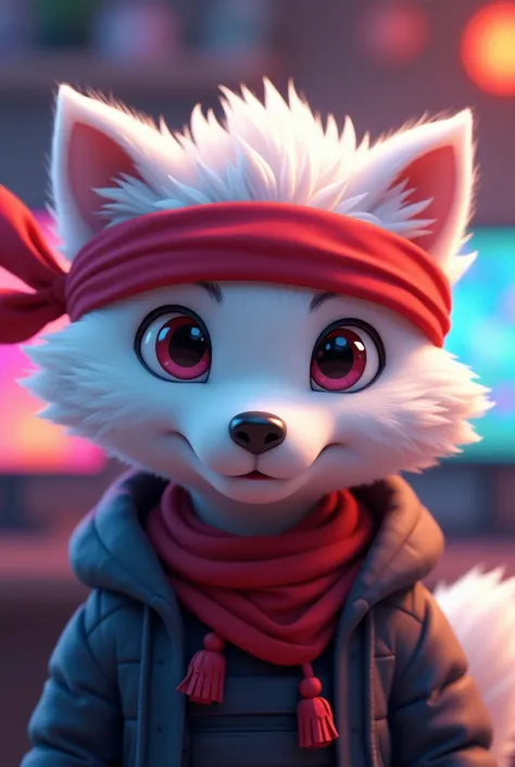 A cute animated white male wolf from the neck up with a red ribbon around his head like a ninja and a gamer room in the background 