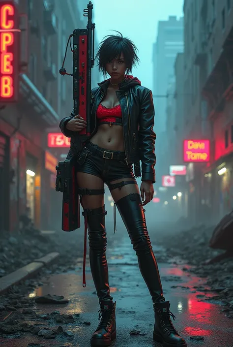 A cool, confident girl with a rebellious attitude, standing in an urban, post-apocalyptic environment. She has short, messy hair, a fierce expression, and is casually shouldering a giant, futuristic weapon. Her outfit is a mix of cyberpunk and street style...