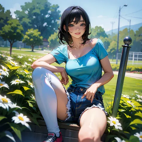 (high quality, High resolution, Very detailed, reality:1.37), Peaceful atmosphere, (Outdoor, garden), Teenage girl standing alone, (my breasts are big.), Beautiful details, Cute Smile, (Black bob hair), camisole, denim shorts, Blue socks, sneakers.