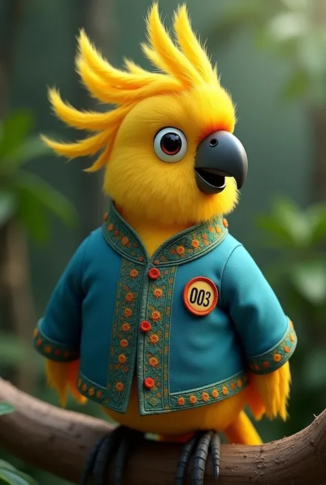 The yellow-crested cockatoo is wearing a blue school batik shirt with design number 003, wearing a songkok