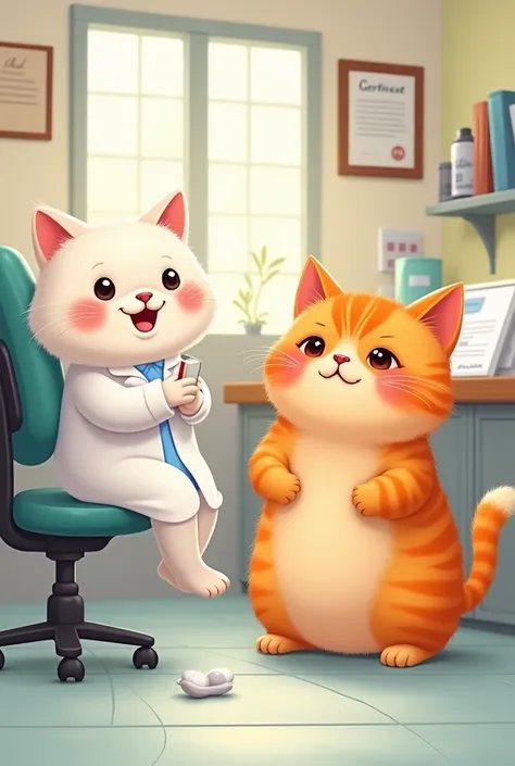 The fat orange kitten with the toothache go to see dentist : the dentist is a white cat