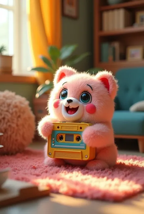 A cassette player, fluffly, Grinning