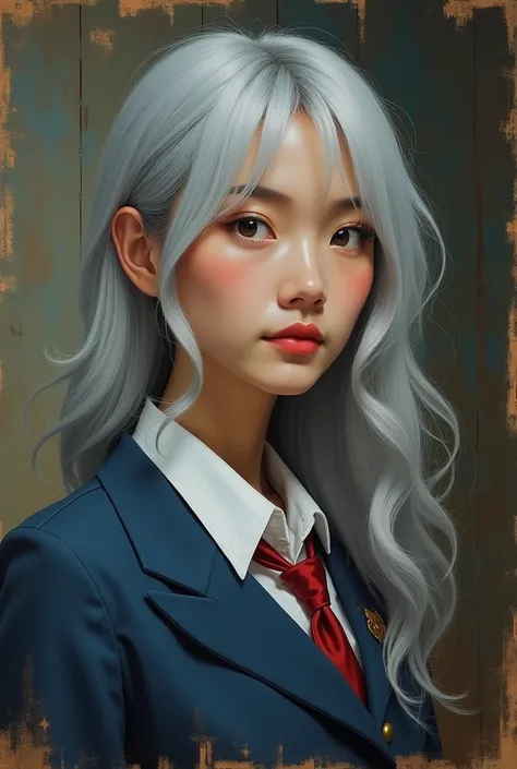 A seemingly age-defying, gray-haired woman 50 years old exudes a youthful aura as she dons the traditional uniform of a Japanese high school student. Her long, silver locks cascade down her back, adding a unique twist to her appearance. The image, which ap...