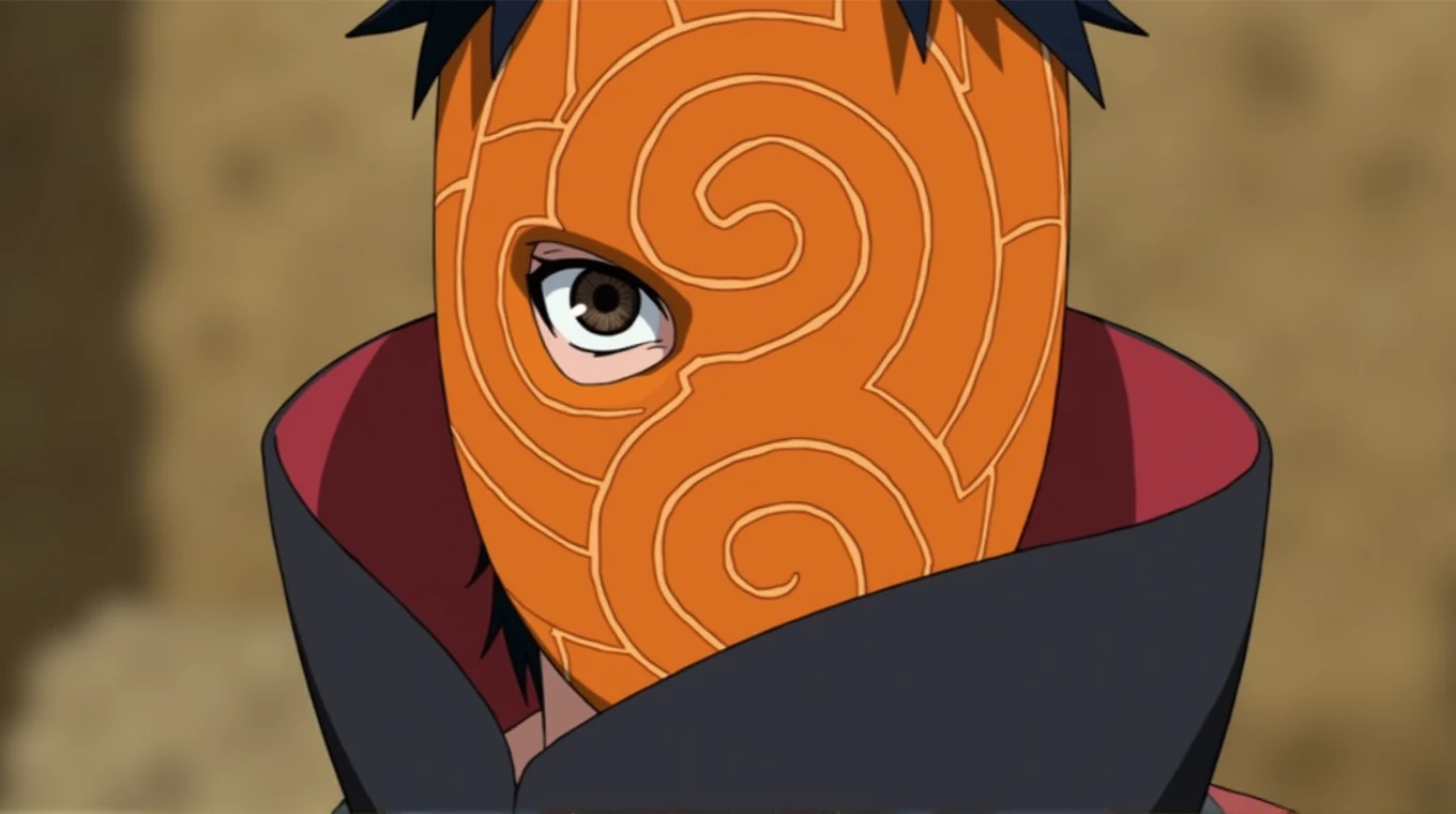 PHOTO OF QNIME CHARACTER "OBITO UCHIHA" WITH CHRIKAS MASK COVERING HIS FACE IN ORANGE WITH CIRCLE LINE,