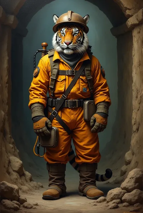 Make a Renaissance-style painting of an anthropomorphic tiger in driller clothing