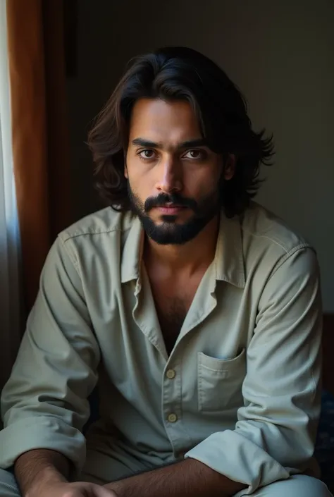 26 year old Indian man, lying in the bed, medium hair, medium beard, loose pajamas, brown hair and eyes, low light coming from window, looking in the camera with no smile