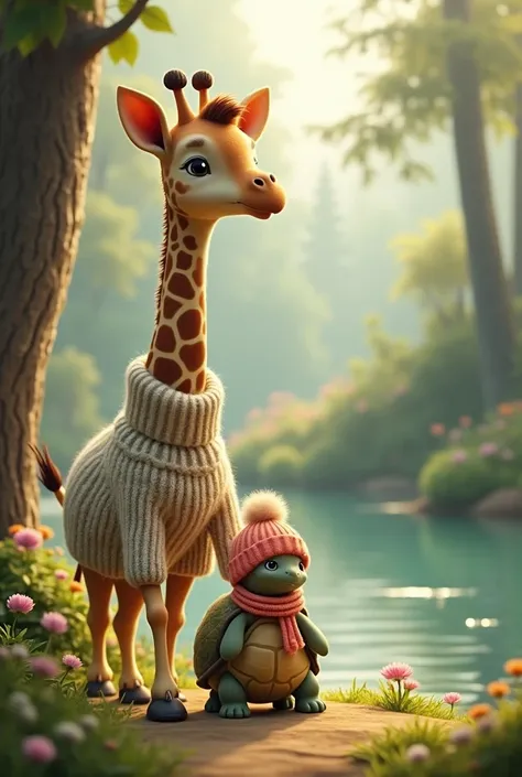 Giraffe in a sweater with warmth
Now the giraffe found a lake
She found her turtle friend a turtle in a beanie
They walked through the forest