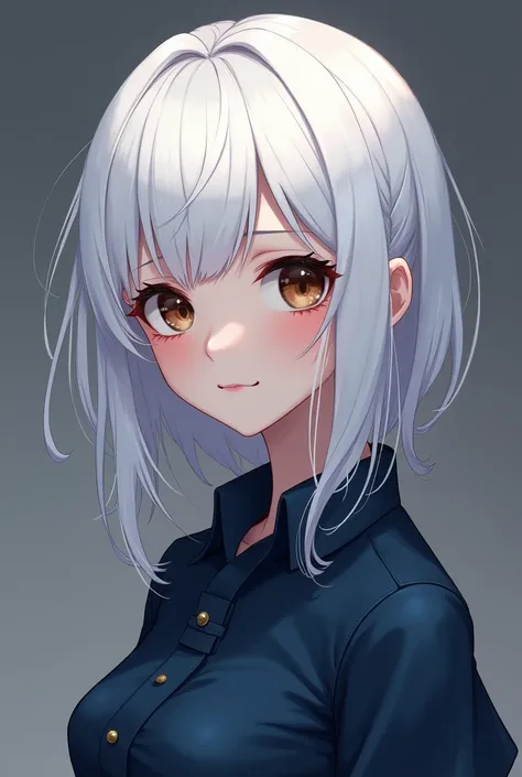 anime character white hair brown eyes with a dark blue blouse 