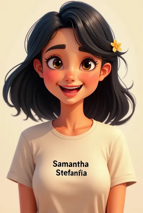 I need a girl with shoulder-length black hair, brown skin, and a logo that says Samantha Stefanía. It should be animated, have chubby cheeks, and be for a company logo.