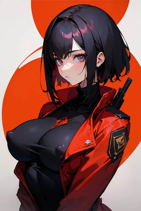 From chest to face, Painting of Fate, Tall Woman, 20th Generation, Solo Solo, parted in the middle, Black Hair, short hair, Long-term, Narrow eyes, Beautiful Eyes, Red jacket, Black sweater, gun, Big Breasts, Erect nipples,Upper body only