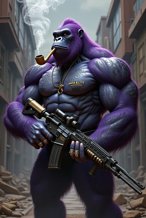 Purple Ape, With giant and high-caliber weapons, wearing a shirt from the brand Mma elite, tattooed, with huge diamond and gold rings, smoking with a pipe