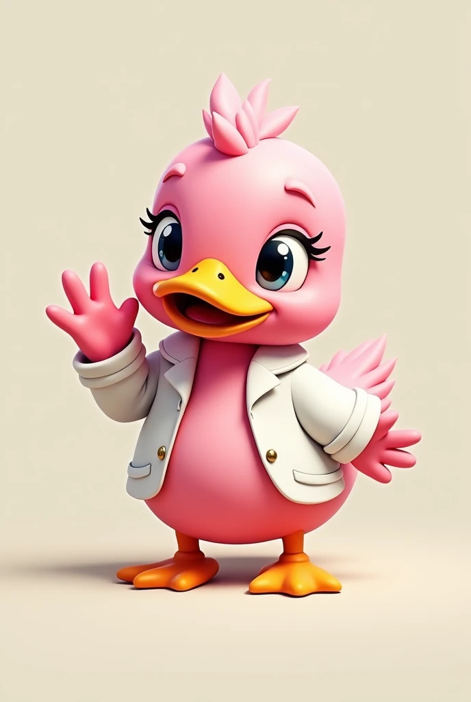 create an image where the pink duck is waving, with white jacket, The eyes