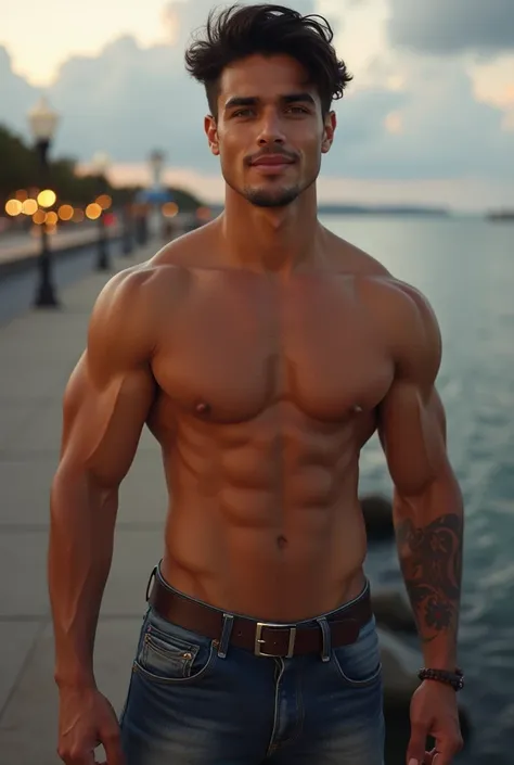 photorealistic, best quality, masterpiece, extremely detailed, sexy, homoerotic, extremely handsome, 20 year old muscular latin man, muscular, smiling, takes your photo with a DSLR camera, by the pier, extremely romantic atmosphere, perfect face, perfect f...