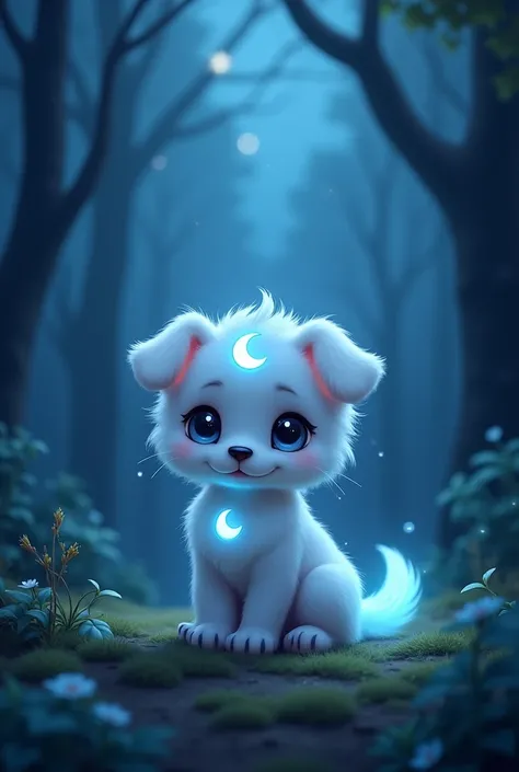 A cute puppy with white fur, a moon on his forehead and a blue glowing tail and eyes sitting in a forest at night