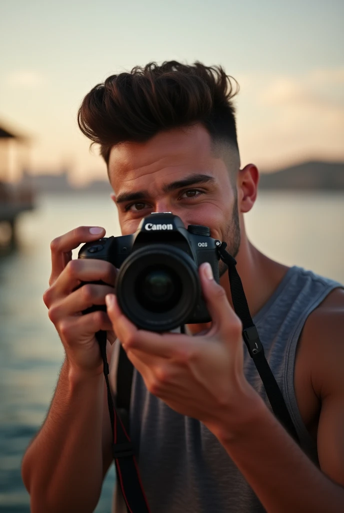 photorealistic, best quality, masterpiece, extremely detailed, sexy, homoerotic, extremely handsome, 20 year old latin man, stocky build, smiling, takes your photo with a DSLR camera, by the pier, extremely romantic atmosphere, perfect face, perfect finger...