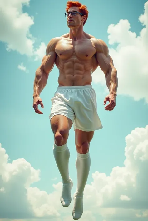 A handsome 20 year old boy, redhead with freckles and who wears glasses that possesses divine musculature where the muscles of his entire body are enormous.
He is well-shaven, with no beard..
The muscles in his legs and thighs are bigger than those in his ...