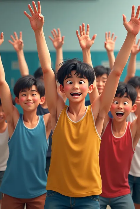 asian senior high school boys wearing a tank top and raise hands 
