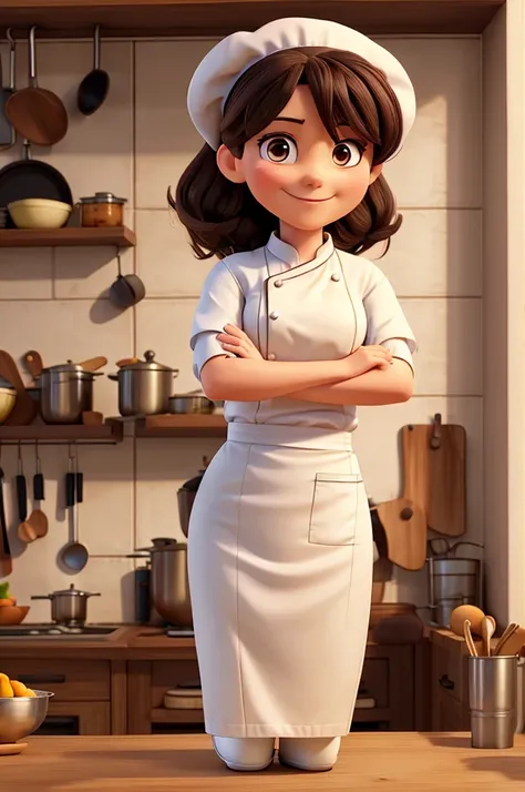 woman in chef outfit smiling, with arms crossed, slightly slanted eyes long dark hair