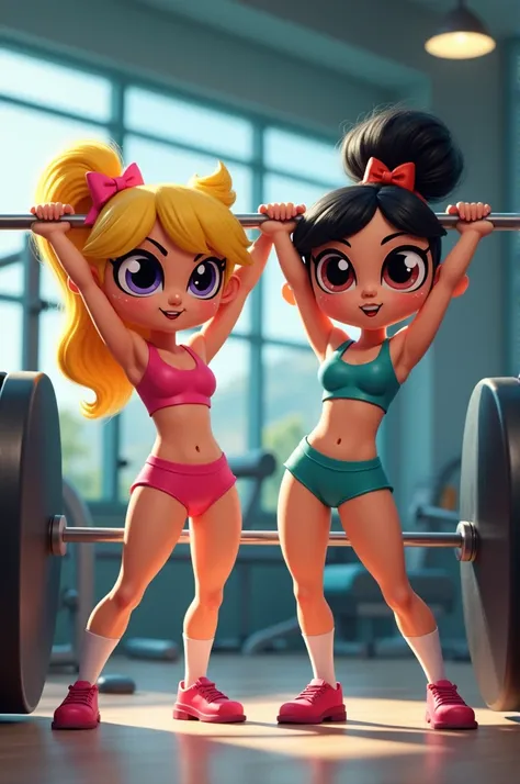 Create the Powerpuff Girls, Cute Blossom and Sweetie in the gym training bodybuilding 