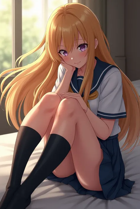 Blonde gal　high school girl　M-shaped legs in uniform　Im eating into my underwear