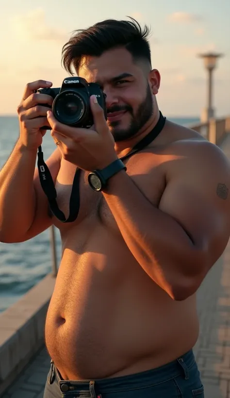 photorealistic, best quality, masterpiece, extremely detailed, sexy, homoerotic, extremely handsome, 20 year old chubby latin man, stocky build, smiling, takes your photo with a DSLR camera, by the pier, extremely romantic atmosphere, perfect face, perfect...