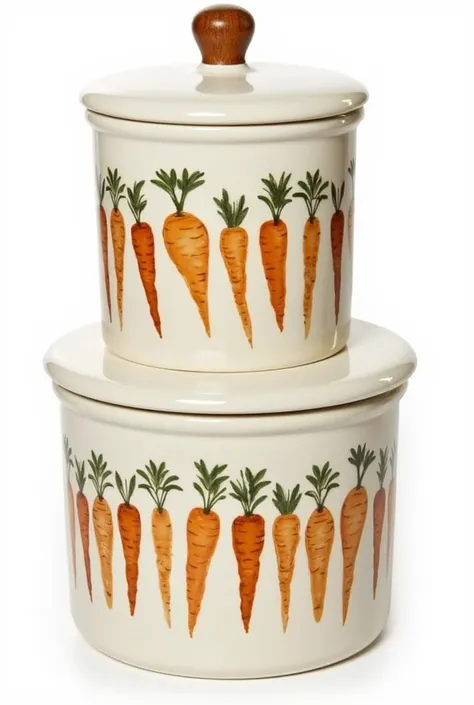 create two flat food storage jars that have carrot designs, and joining them together forms a round pot