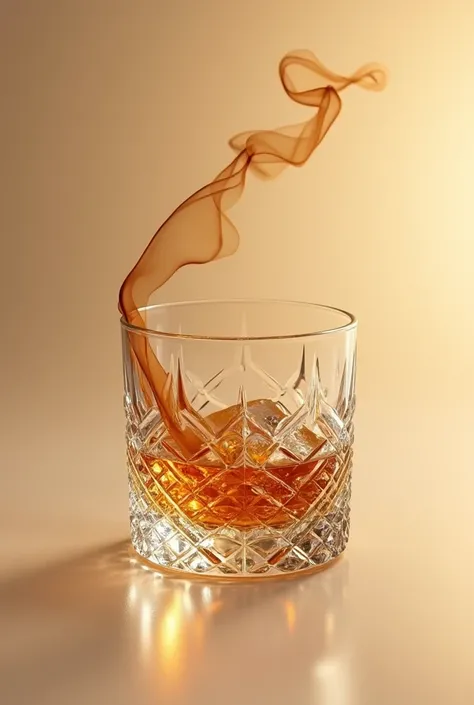 smaller short glass of wiskey with many cristal details and ice inside taking a realistic photo with beige background and in the air with a brown tobacco outside of the glass without fire
